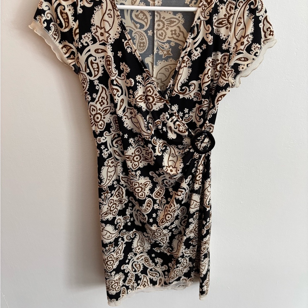 Black and Cream Paisley Dress With Black Belt Buckle And Lace Trim